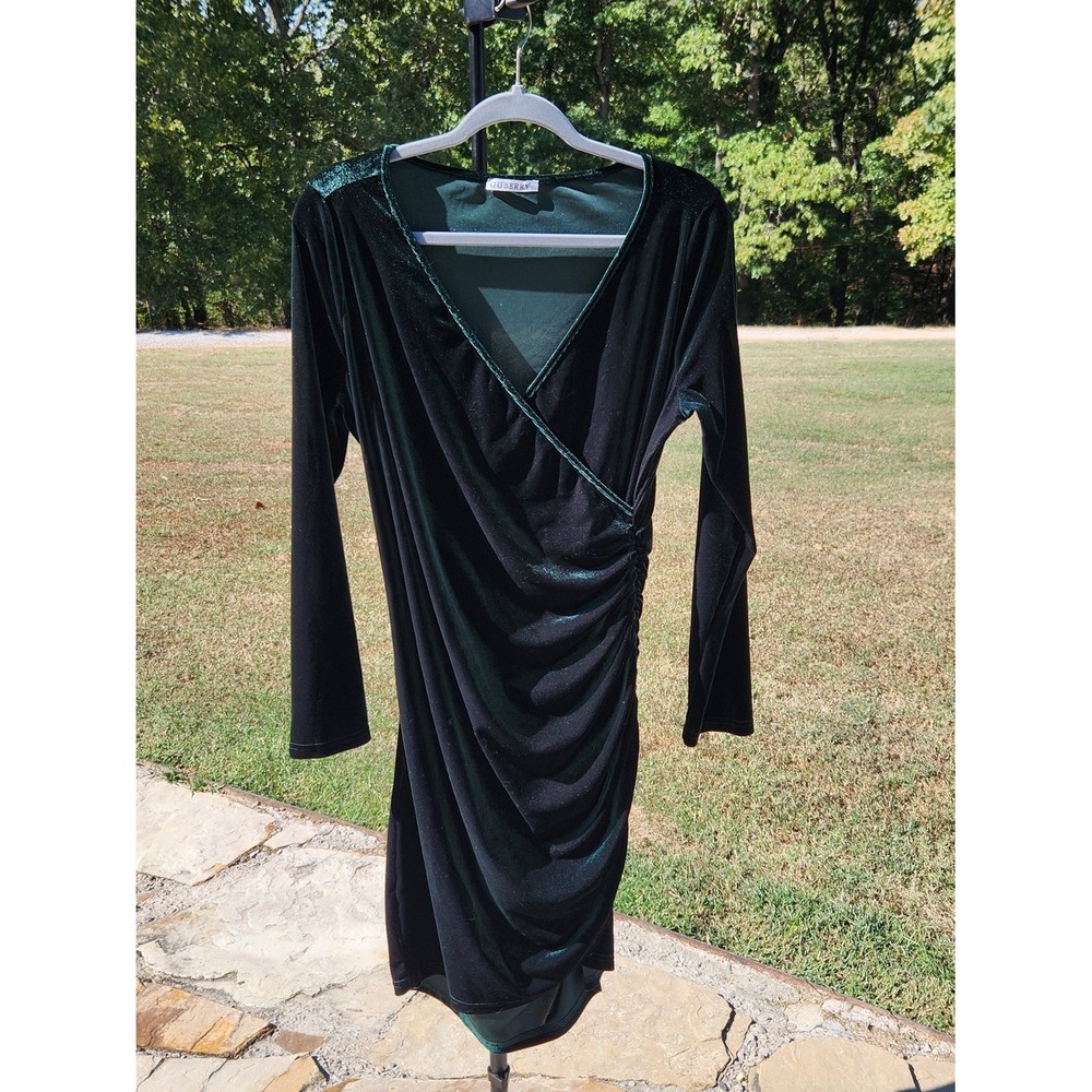 Whimsigoth Emerald Green Velvet Ruched Faux Wrap Bodycon Dress - Size XL
